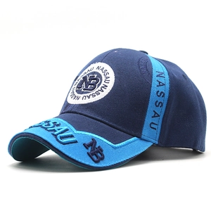 Macro shot of 3D navy embroidery and circular Nassau patch on the baseball cap