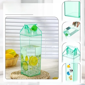 Macro detail of 1000ml green square milk carton bottle showing PS material and leakproof lid
