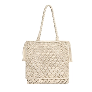 Handwoven hollow shoulder bag with fringe details and woven cotton rope in beige white