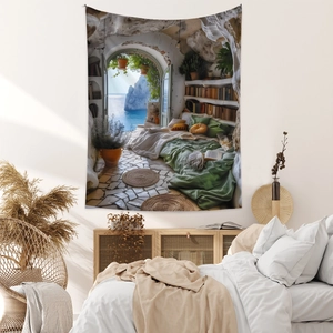 Detail of Mediterranean cave style tapestry showing arched view of the blue ocean and cliff