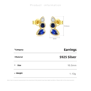 Detail view of S925 silver water drop earrings with blue gems measuring 10.5mm by 5mm