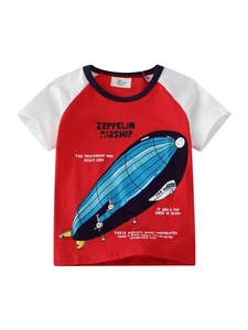 T-Shirt Manches Courtes Garçon Coton Respirant Dessin Animé Zeppelin Dirigeable Imprimé Bloc De Couleur Raglan Col Rond Été
