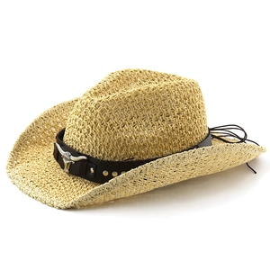 Classic straw cowboy sun hat with decorative leather band and silver bull head emblem