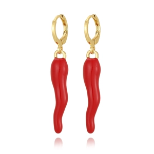 Golden metal hoop earrings with vibrant red chili pendants on a clean white background