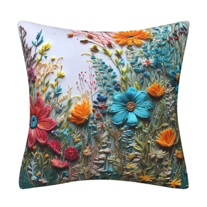 Close-up of 3D floral embroidery on decorative pillowcase with colorful ribbon details