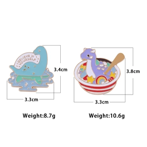 Cute cartoon dinosaur enamel pins showing exact dimensions and weight on white background