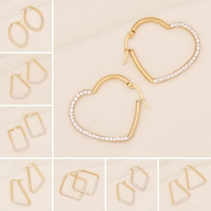 Geometric Rhinestone Heart Square Hoop Earrings For Women Stainless Steel Shiny Zircon Fashion Jewelry