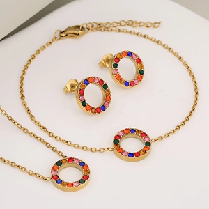 Golden stainless steel jewelry set with circular multi-color crystal necklace and earrings