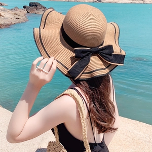 Women summer straw hat sun protection big wavy brim elegant black bow beach hat stylish