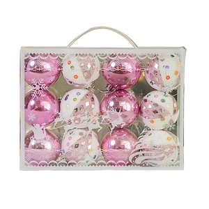 12-piece Christmas ball ornament set featuring pink mirror and white glitter foam spheres