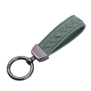 Minimalist dark green suede braided leather keychain with matte grey metal ring buckle