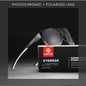 Detail view of KDEAM polarized sunglasses with photochromic lenses on matte display