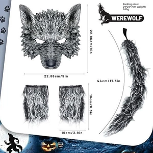 Detailed size specifications for werewolf costume mask, faux fur tail and claws set