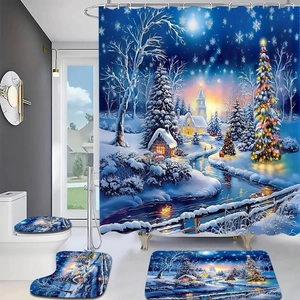 Detail view of 4-piece Christmas bathroom set with snowy landscape shower curtain and mats