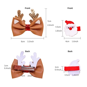 Christmas reindeer bow and Santa hair clips with size dimensions for kids and girls