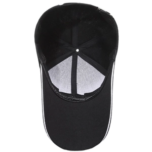 Inside view of a black baseball cap with sandwich brim and breathable mesh lining
