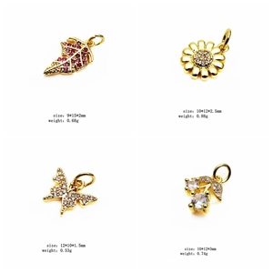 Detailed size chart for gold leaf, flower, butterfly, and cherry charms with zircon