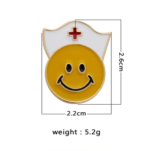Cartoon nurse smiley face enamel brooch with medical hat and size details, 2.6cm x 2.2cm
