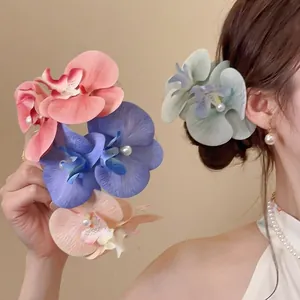 Elegant Orchid Flower Hair Clip Fabric Simulation Petal With Faux Artificial Pearl Duckbill Side Pin Hair Accessory For Women Girls