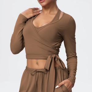 Coffee brown long sleeve yoga set with wrap V-neck design and crossover waist ties