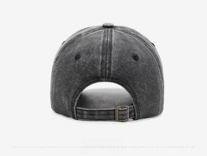 Detail of vintage washed baseball cap back with adjustable metal buckle and stitching