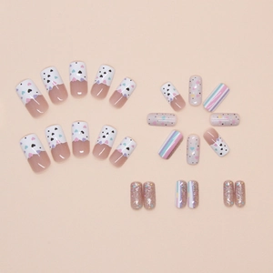 Pastel heart and stripe press-on nail set with macaron tones and glitter finish