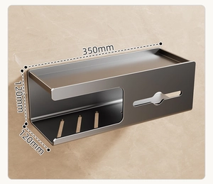 Close-up of wall-mounted grey metal tissue box showing 350mm length dimension and finish