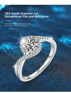 Detail of 925 silver moissanite ring with 3EX 58-facet cut and double row pavé band