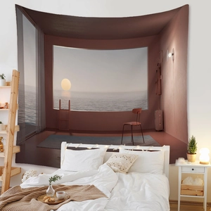 Detail of bohemian tapestry featuring surreal sunset window view for wall decoration