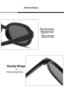 Macro shot of durable metal hinges and high-quality frame of black oval sunglasses