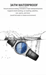 Detailansicht der 3ATM wasserdichten Uhr mit blauem Zifferblatt und Lederarmband