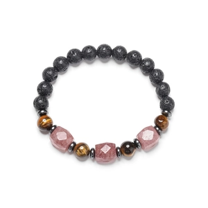 Tiger eye and volcanic stone beaded bracelet with faceted pink quartz and metal spacers