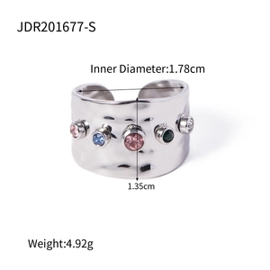 Detailed specs of wide silver hammered ring with colorful zircons and 1.35cm width