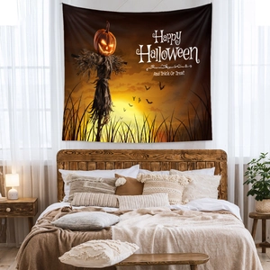 Detail of Halloween tapestry with pumpkin scarecrow and Happy Halloween text decor