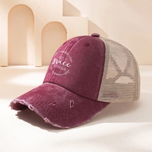 Vintage washed burgundy trucker hat with His Grace is Enough print and mesh back