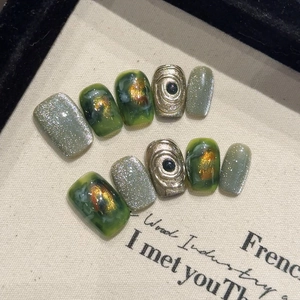 Emerald Green Starry Sky Cat Eye Press On Nails Handmade French Retro Forest Art Style 10 Pieces Luxury Marble Fake Nails Set For Women