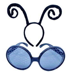 Detail of insect costume set with curly black antenna headband and mesh lens glasses