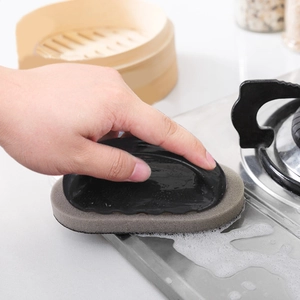 Kitchen Cleaning Sponge Brush With Handle Emery Scouring Pad For Pot Pan Stain Rust Removal Ergonomic Descaling Tool