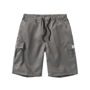 Grey cotton cargo shorts for men featuring elastic drawstring waist and side flap pockets