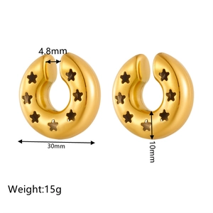 Gold stainless steel thick hollow star pattern hoop earrings with 30mm diameter size details