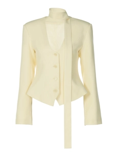 Slim fit cream yellow blazer for women featuring a deep V-neck and stylish tie waist detail