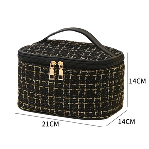 Large black and gold tweed makeup bag with top handle for travel, size 21x14x14cm