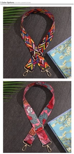 Detail of adjustable colorful floral and geometric wide shoulder straps with gold hardware