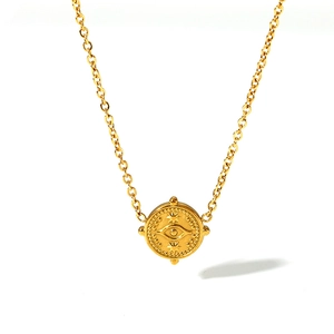 Vintage French style gold plated stainless steel necklace featuring a mystical evil eye pendant