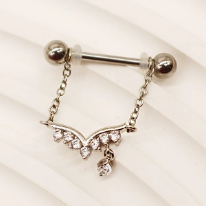 Macro shot of stainless steel nipple ring with heart chain and clear zircon stones
