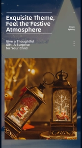 Close-up of vintage bronze Christmas lantern featuring Santa Claus and glowing snow globe