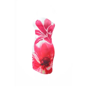 Detail of white tube dress featuring vibrant pink floral prints and slim bodycon fit