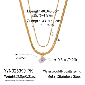 Detailed specs of double layer stainless steel snake chain with pink zircon pendant