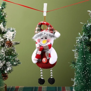 Detail of fabric snowman ornament with red ribbon hanger and beaded legs decoration