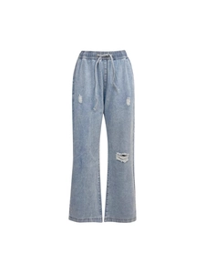 Jeans strappati azzurri da donna con vita elastica a coulisse e vestibilità slim fit